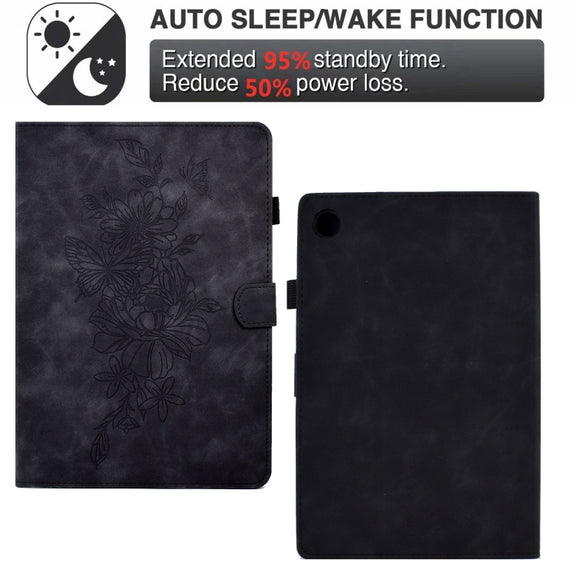 For Samsung Galaxy Tab A9+ Peony Butterfly Embossed Leather Smart Tablet Case(Black)