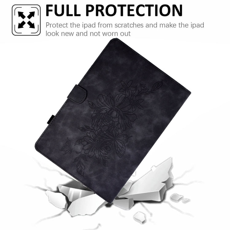 For Samsung Galaxy Tab A9+ Peony Butterfly Embossed Leather Smart Tablet Case(Black)