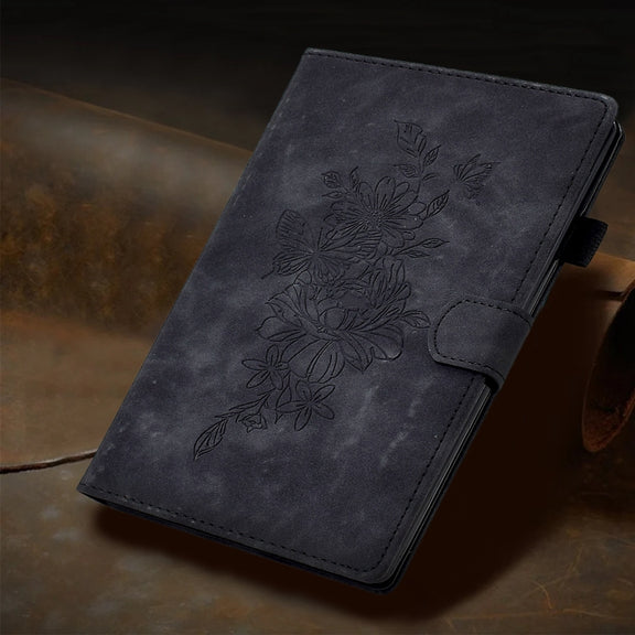 For Samsung Galaxy Tab A9+ Peony Butterfly Embossed Leather Smart Tablet Case(Black)