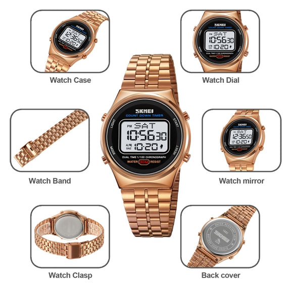 SKMEI 1882 Multifunctional Men 30M Water-resistant Luminous Stainless Steel Digital Wrist Watch(Black)