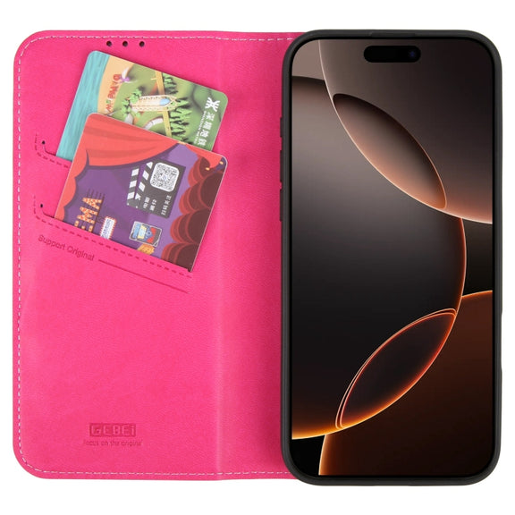 For iPhone 16 Pro Max GEBEI Top-grain Horizontal Flip Leather Phone Case(Rose Red)
