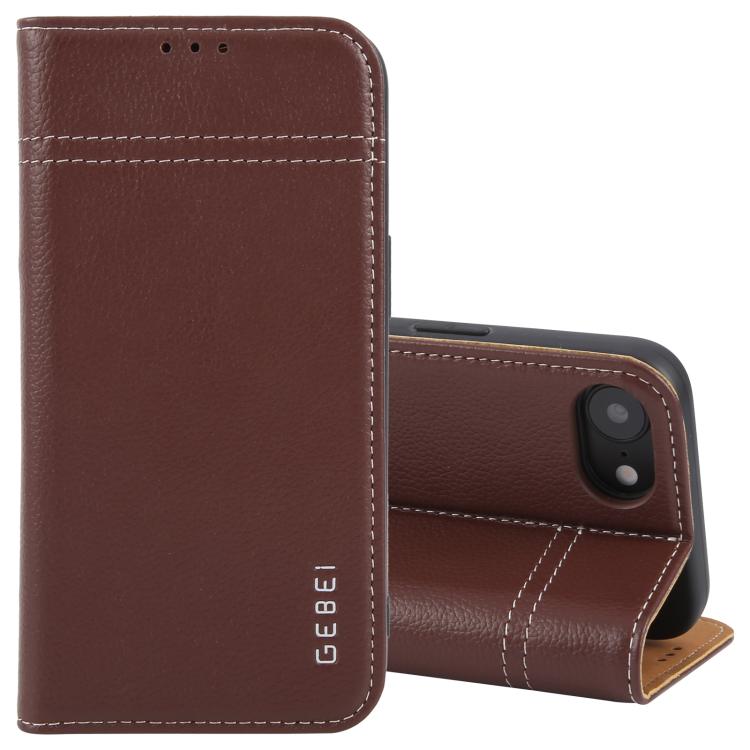 For iPhone 16e GEBEI Top-grain Horizontal Flip Leather Phone Case(Brown)