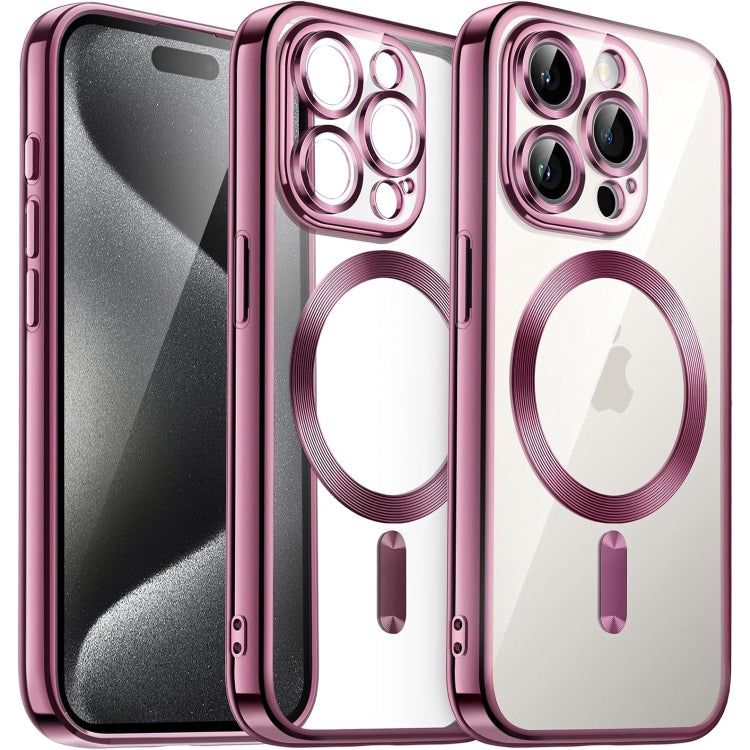 For iPhone 15 Pro Max Magsafe Magnetic Transparent Electroplated TPU Phone Case(Pink)