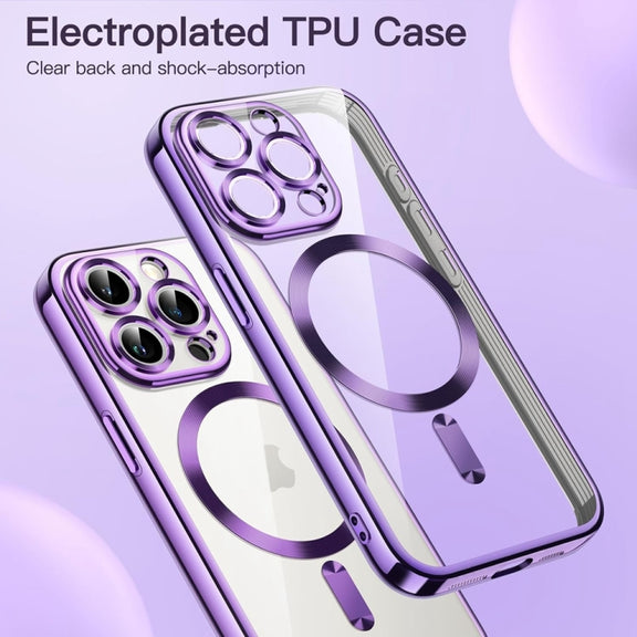 For iPhone 14 Pro Transparent Electroplated Magsafe Magnetic TPU Phone Case(Purple)