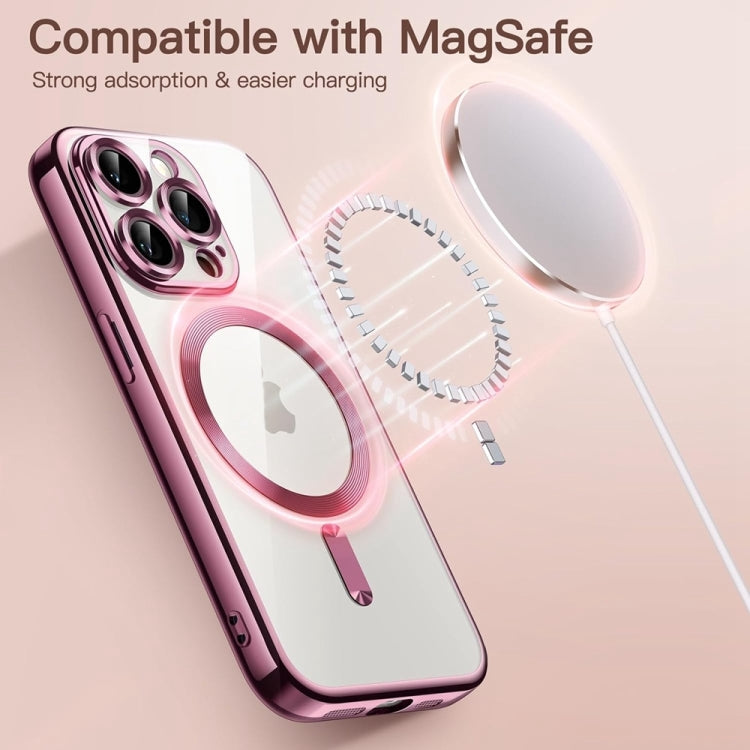 For iPhone 16 Pro Max Transparent Electroplated Magsafe Magnetic TPU Phone Case(Pink)