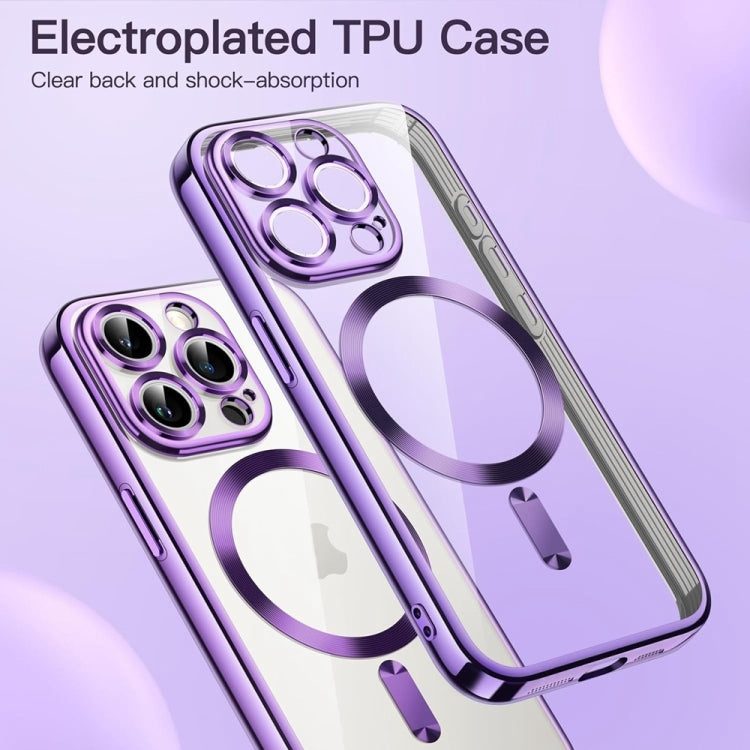 For iPhone 16 Pro Transparent Electroplated Magsafe Magnetic TPU Phone Case(Purple)