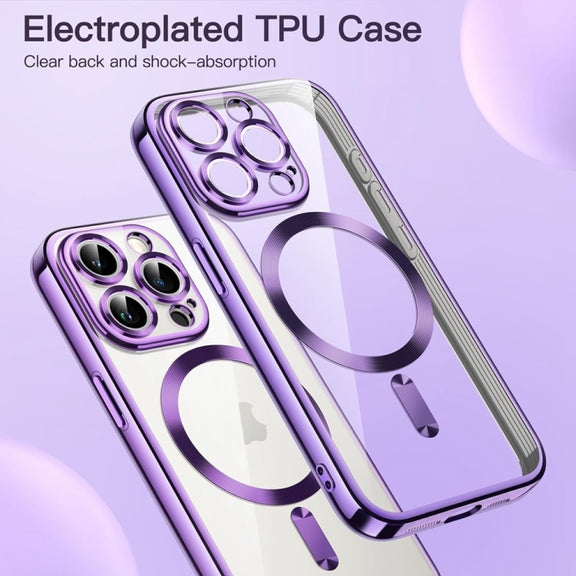 For iPhone 16 Transparent Electroplated Magsafe Magnetic TPU Phone Case(Purple)