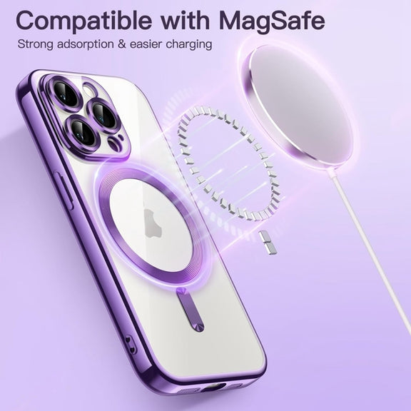 For iPhone 16 Transparent Electroplated Magsafe Magnetic TPU Phone Case(Purple)