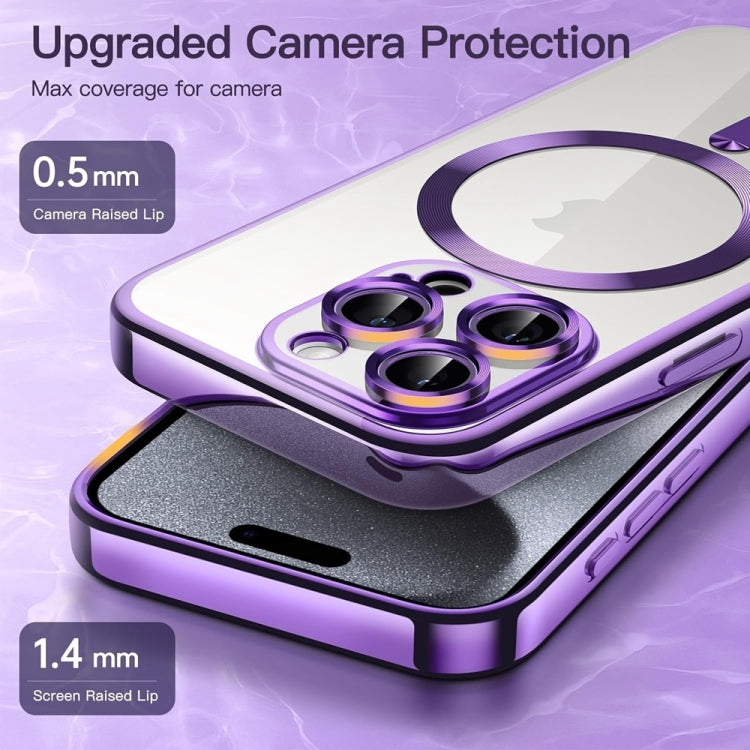 For iPhone 16 Transparent Electroplated Magsafe Magnetic TPU Phone Case(Purple)