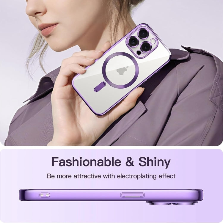 For iPhone 16 Transparent Electroplated Magsafe Magnetic TPU Phone Case(Purple)