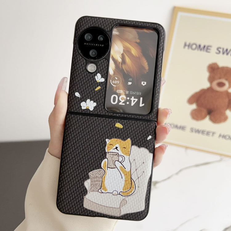 For OPPO Find N3 Flip Braided Texture Colored Drawing Pattern Phone Case(Black Coffee Cat)