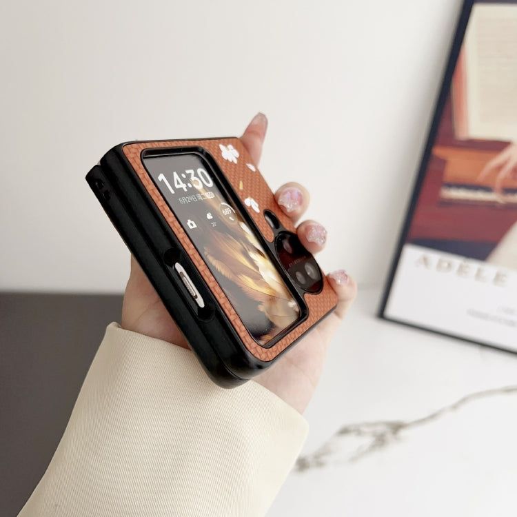 For OPPO Find N3 Flip Braided Texture Colored Drawing Pattern Phone Case(Brown Coffee Cat)