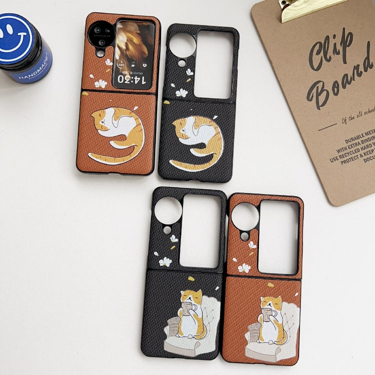 For OPPO Find N3 Flip Braided Texture Colored Drawing Pattern Phone Case(Brown Coffee Cat)
