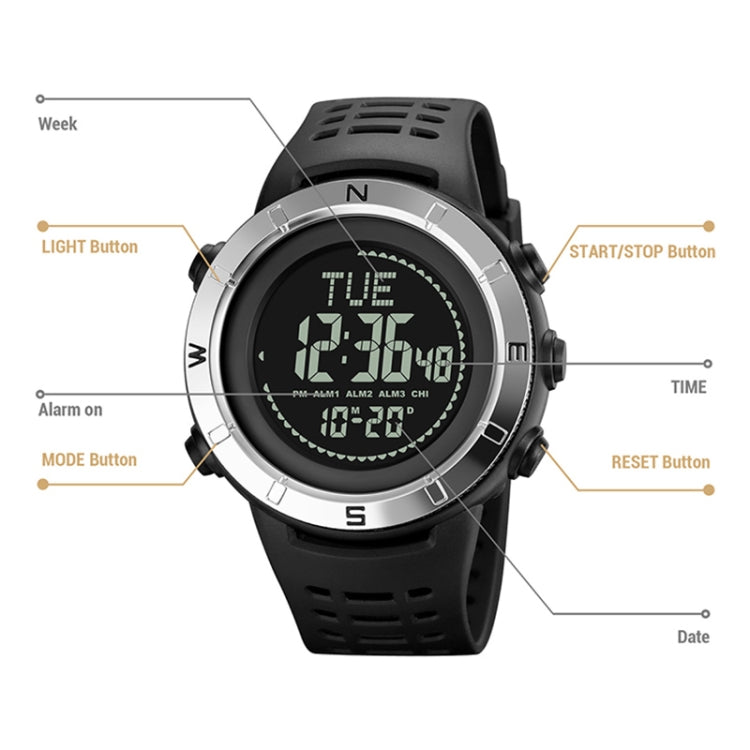 Shimei 2096 Multifunctional Men 50M Water-resistant Compass Noctilucent Digital Wrist Watch(Black)
