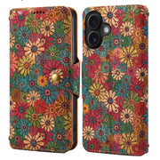 For iPhone 16 Denior Flower Language Series Cork Fabric Oil Edge Leather Phone Case(Spring)