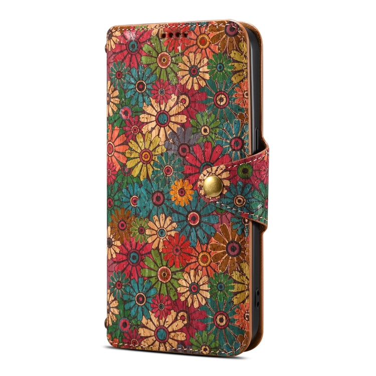 For iPhone 16 Denior Flower Language Series Cork Fabric Oil Edge Leather Phone Case(Spring)