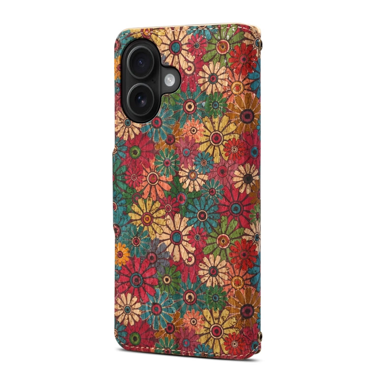 For iPhone 16 Denior Flower Language Series Cork Fabric Oil Edge Leather Phone Case(Spring)