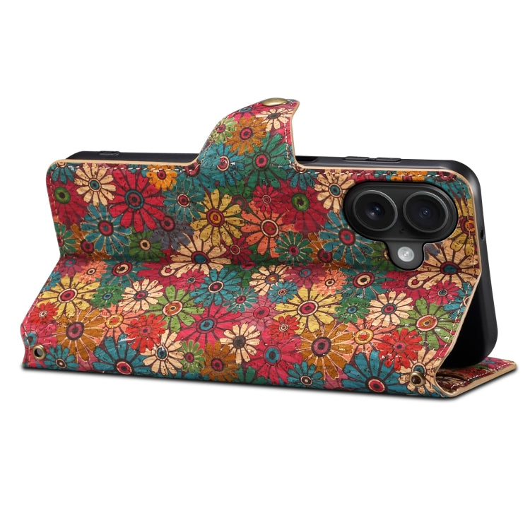 For iPhone 16 Denior Flower Language Series Cork Fabric Oil Edge Leather Phone Case(Spring)