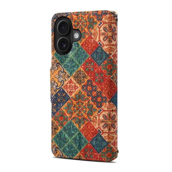 For iPhone 16 Denior Flower Language Series Cork Fabric Oil Edge Leather Phone Case(Winter)