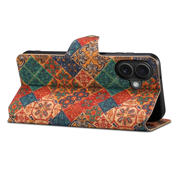 For iPhone 16 Denior Flower Language Series Cork Fabric Oil Edge Leather Phone Case(Winter)