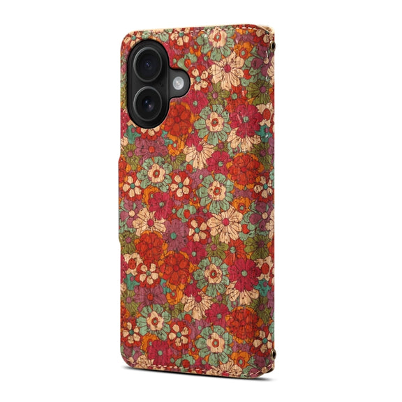 For iPhone 16 Plus Denior Flower Language Series Cork Fabric Oil Edge Leather Phone Case(Summer)