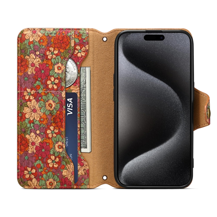 For iPhone 16 Plus Denior Flower Language Series Cork Fabric Oil Edge Leather Phone Case(Summer)