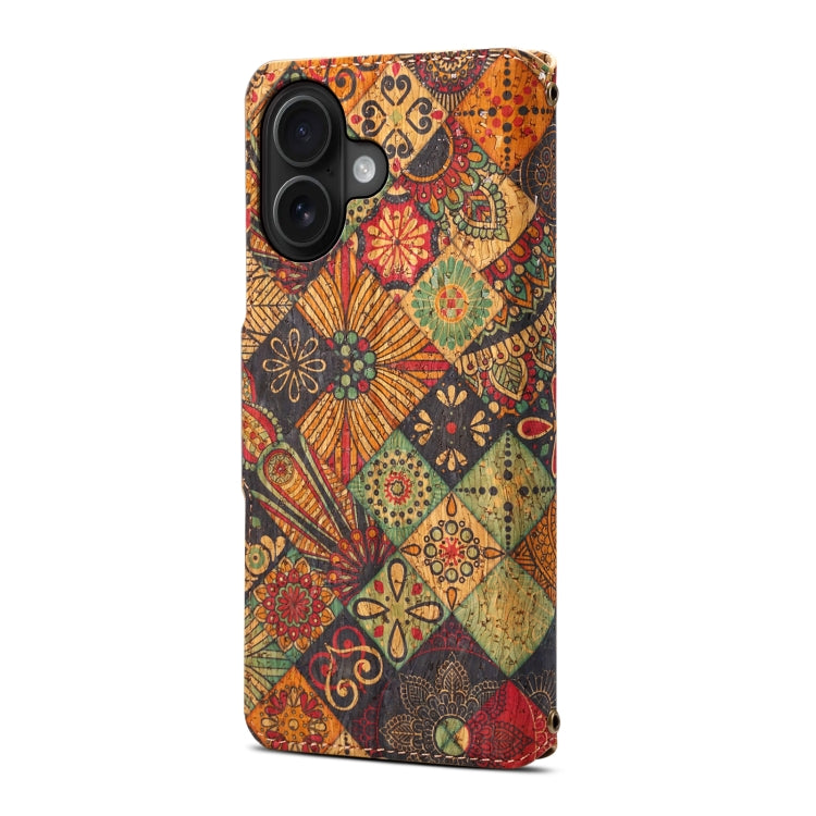 For iPhone 16 Plus Denior Flower Language Series Cork Fabric Oil Edge Leather Phone Case(Autumn)