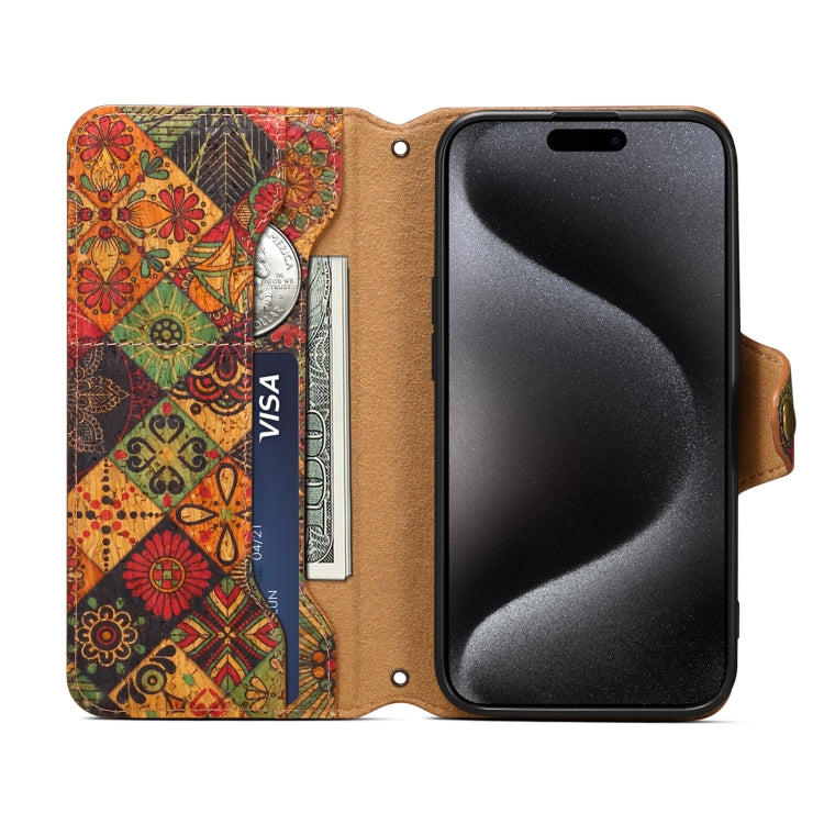 For iPhone 16 Plus Denior Flower Language Series Cork Fabric Oil Edge Leather Phone Case(Autumn)
