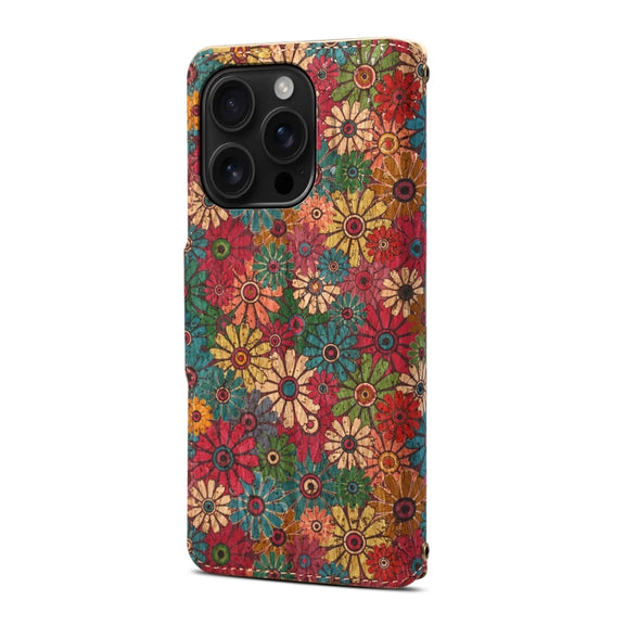 For iPhone 16 Pro Denior Flower Language Series Cork Fabric Oil Edge Leather Phone Case(Spring)