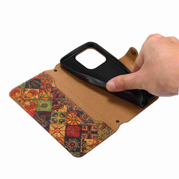 For iPhone 16 Denior Flower Language Series Cork Fabric Oil Edge Leather Phone Case(Autumn)