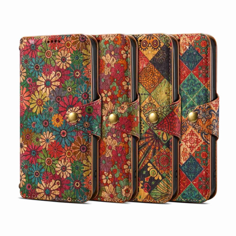 For iPhone 16 Denior Flower Language Series Cork Fabric Oil Edge Leather Phone Case(Autumn)