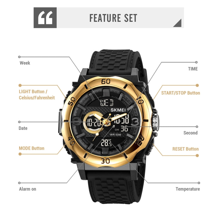SKMEI 2098 Multifunctional Men 50M Water-resistant Thermometer Dual Display Digital Wrist Watch(Gold+Black)