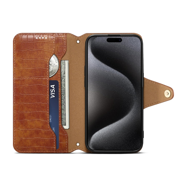 For iPhone 16 Denior Crocodile Texture Oil Edge Leather Phone Case(Brown)