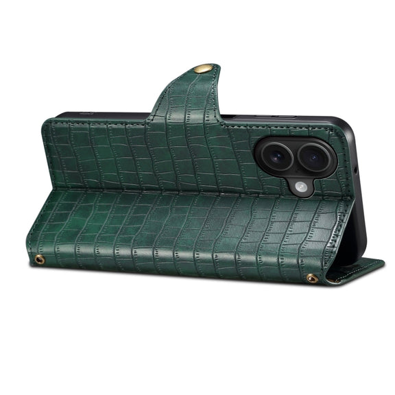 For iPhone 16 Denior Crocodile Texture Oil Edge Leather Phone Case(Green)