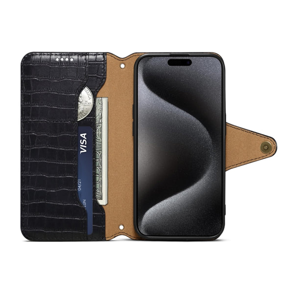 For iPhone 16 Denior Crocodile Texture Oil Edge Leather Phone Case(Black)