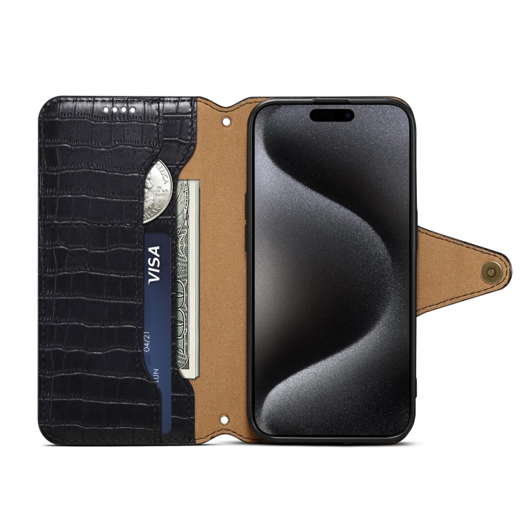 For iPhone 16 Denior Crocodile Texture Oil Edge Leather Phone Case(Black)