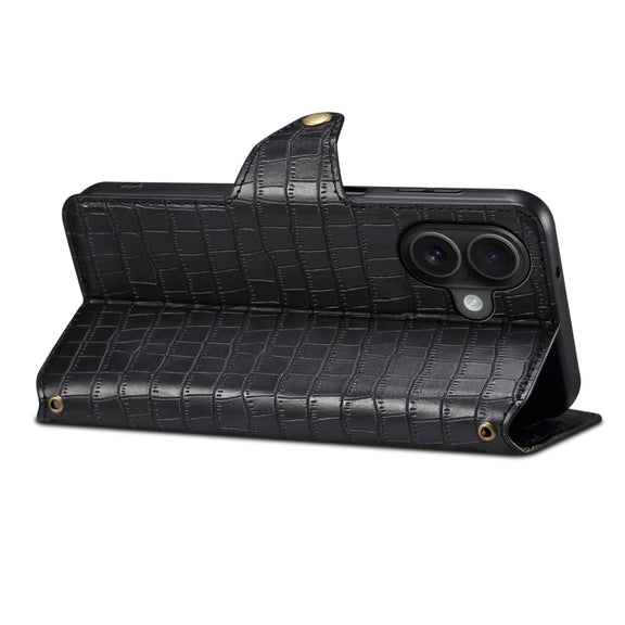 For iPhone 16 Denior Crocodile Texture Oil Edge Leather Phone Case(Black)