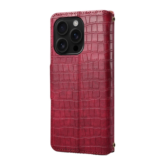 For iPhone 16 Pro Denior Crocodile Texture Oil Edge Leather Phone Case(Rose Red)