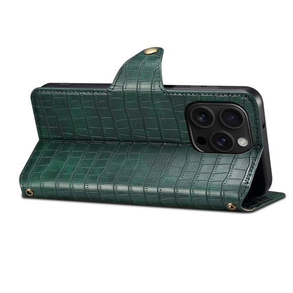 For iPhone 16 Pro Denior Crocodile Texture Oil Edge Leather Phone Case(Green)