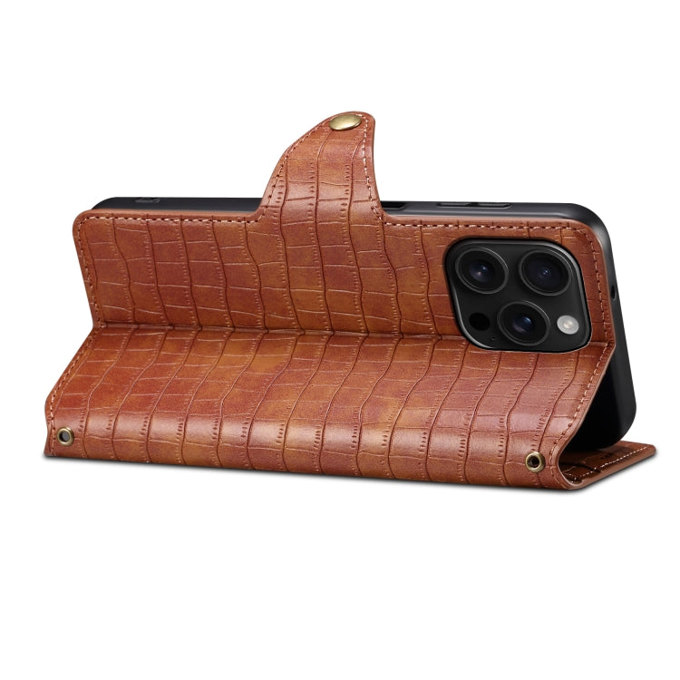 For iPhone 16 Pro Max Denior Crocodile Texture Oil Edge Leather Phone Case(Brown)