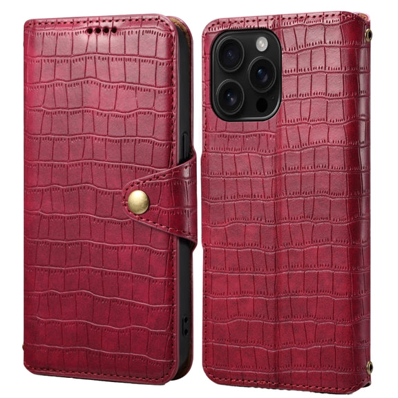 For iPhone 16 Pro Max Denior Crocodile Texture Oil Edge Leather Phone Case(Rose Red)
