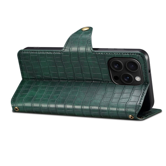 For iPhone 16 Pro Max Denior Crocodile Texture Oil Edge Leather Phone Case(Green)