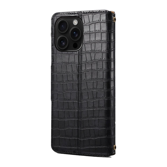 For iPhone 16 Pro Max Denior Crocodile Texture Oil Edge Leather Phone Case(Black)