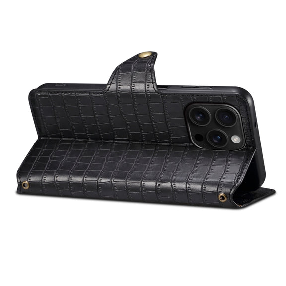 For iPhone 16 Pro Max Denior Crocodile Texture Oil Edge Leather Phone Case(Black)