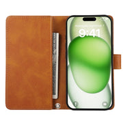 For iPhone 16 Plus Wristband Card Slot Leather Phone Case(Brown)