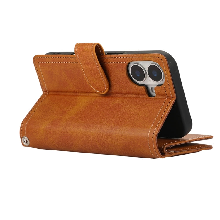 For iPhone 16 Plus Wristband Card Slot Leather Phone Case(Brown)