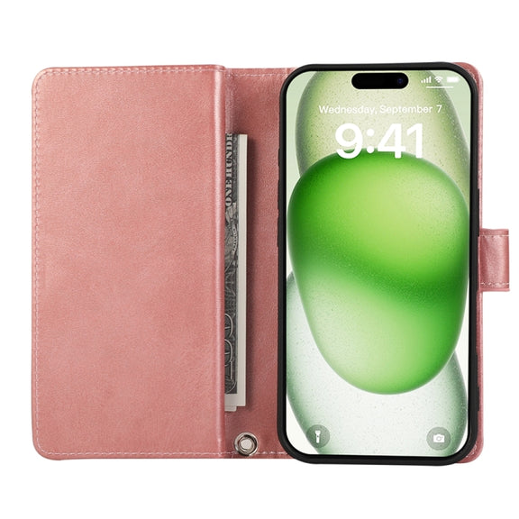 For iPhone 16 Plus Wristband Card Slot Leather Phone Case(Rose Gold)