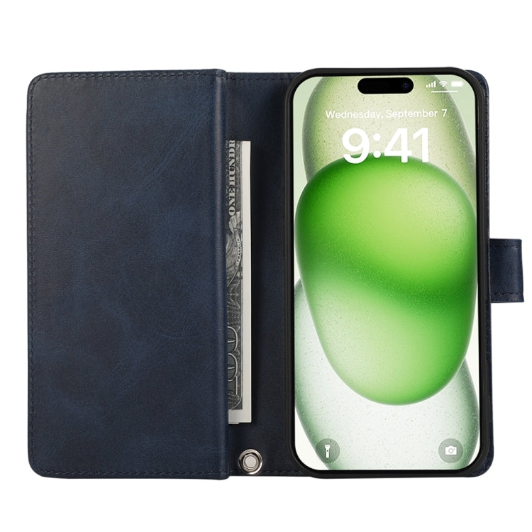 For iPhone 16 Plus Wristband Card Slot Leather Phone Case(Blue)
