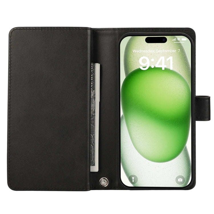 For iPhone 16 Plus Wristband Card Slot Leather Phone Case(Black)