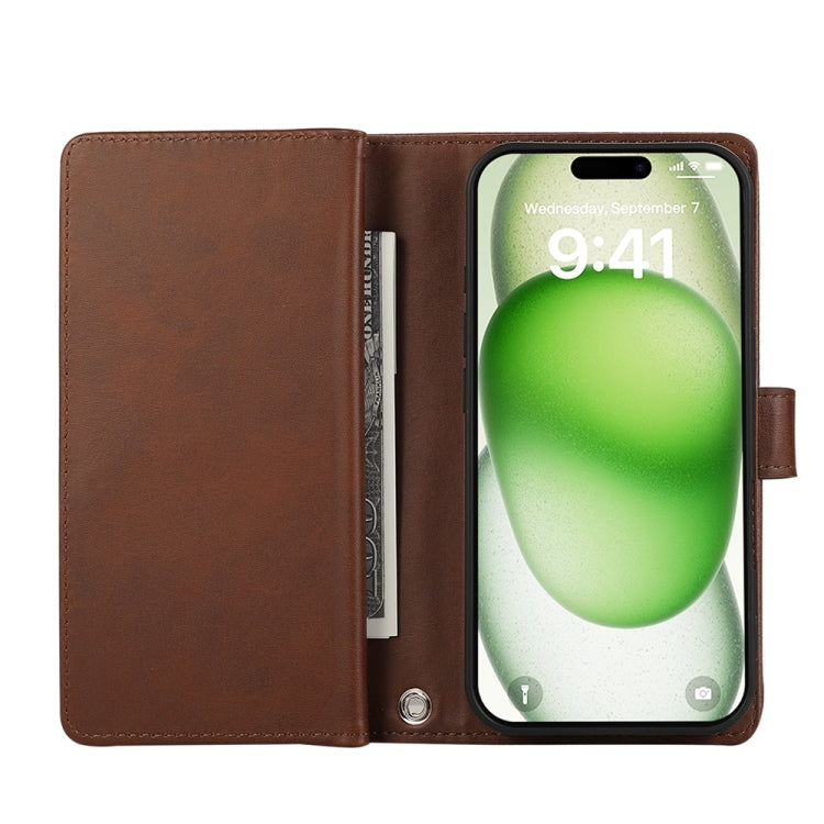 For iPhone 16 Plus Wristband Card Slot Leather Phone Case(Coffee)